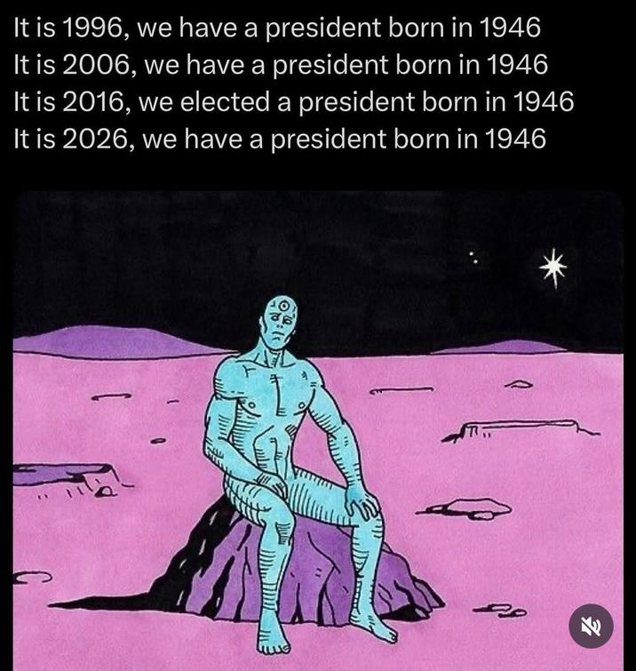 It is 1996, we have a president born in 1946 It is 2006, we have a president born in 1946 It is 2016, we elected a president born in 1946 It is 2026, we have a president born in 1946 E 4
