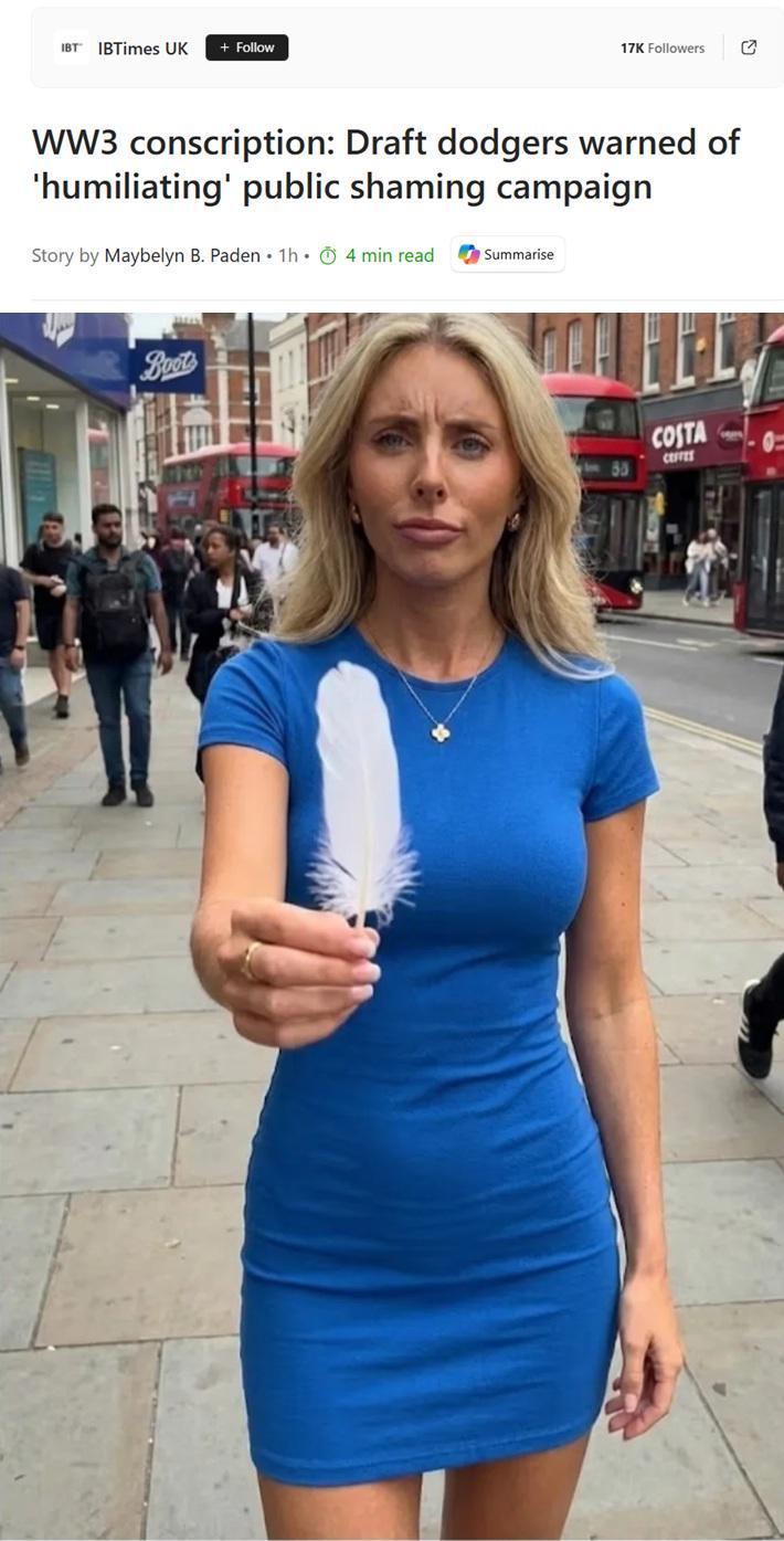 IBT IBTimes UK + Follow 17K Followers 0 WW3 conscription: Draft dodgers warned of 'humiliating' public shaming campaign Story by Maybelyn B. Paden 1h 4 min read Summarise Boots COSTA CEFFET
