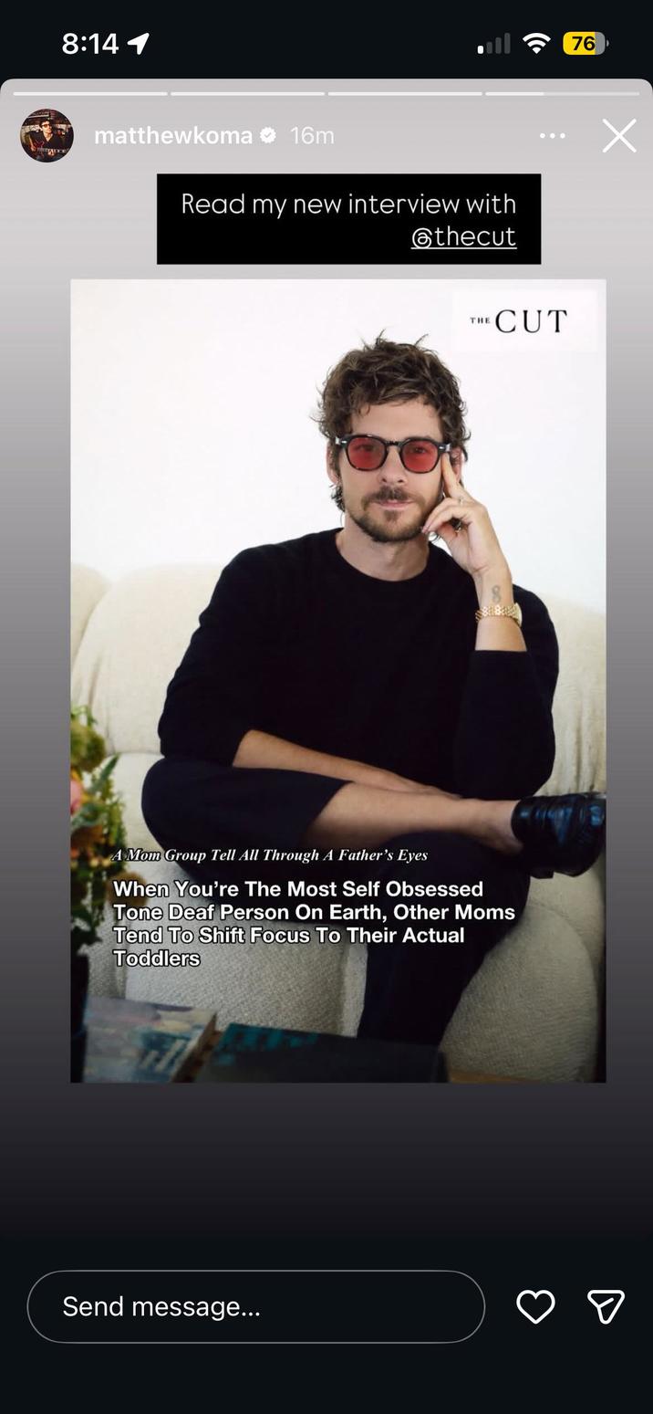 Matthew Koma's response to Ashley Tisdale's toxic mom group drama. He calls her self-obsessed.