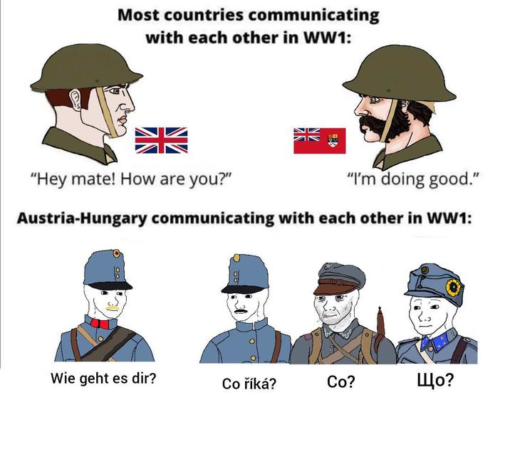 Most countries communicating with each other in WW1: "Hey mate! How are you?" "I'm doing good." Austria-Hungary communicating with each other in WW1: Wie geht es dir? Co říká? Co? Що?