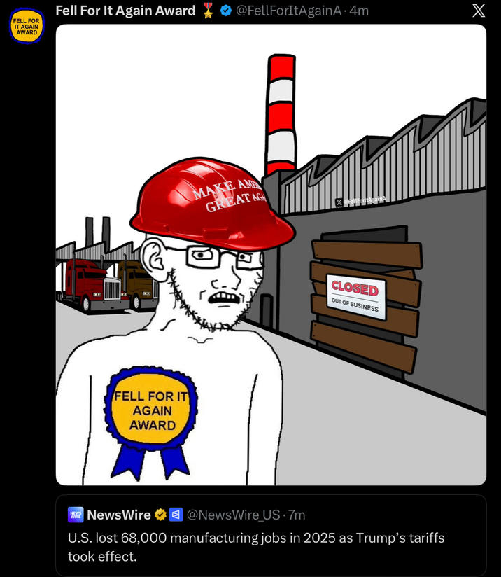 Fell For It Again Award ✗ @FellForItAgainA⚫ 4m X FELL FOR IT AGAIN AWARD FELL FOR IT AGAIN AWARD NEWS WIRE NewsWire MAKE AME GREAT AG @NewsWire_US · 7m CLOSED OUT OF BUSINESS U.S. lost 68,000 manufacturing jobs in 2025 as Trump's tariffs took effect.