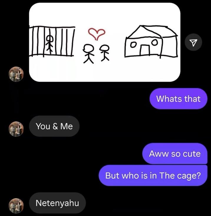 A text message meme about someone in a cage. The man in the cage is Netanyahu.