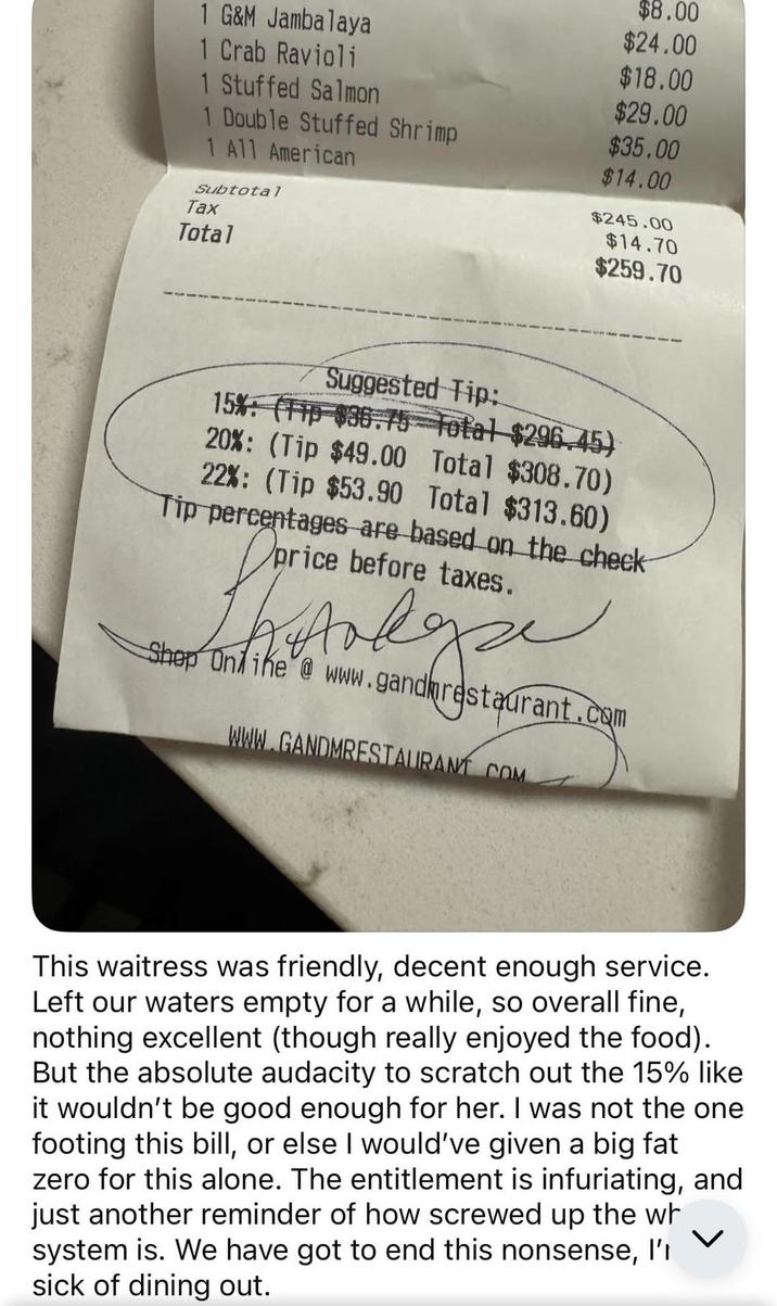 $8.00 1 G&M Jambalaya $24.00 1 Crab Ravioli $18.00 1 Stuffed Salmon $29.00 1 Double Stuffed Shrimp $35.00 1 All American $14.00 Subtotal Tax Total $245.00 $14.70 $259.70 Suggested Tip: 15%: (Tip $36.75 Total $296.45) 20%: (Tip $49.00 Total $308.70) 22%: (Tip $53.90 Total $313.60) Tip percentages are based on the check price before taxes. Shop Online @ www.gand restaurant.com WWW.GANDMRESTAURANT COM This waitress was friendly, decent enough service. Left our waters empty for a while, so overall fine, nothing excellent (though really enjoyed the food). But the absolute audacity to scratch out the 15% like it wouldn't be good enough for her. I was not the one footing this bill, or else I would've given a big fat zero for this alone. The entitlement is infuriating, and just another reminder of how screwed up the wh system is. We have got to end this nonsense, l'ı sick of dining out.