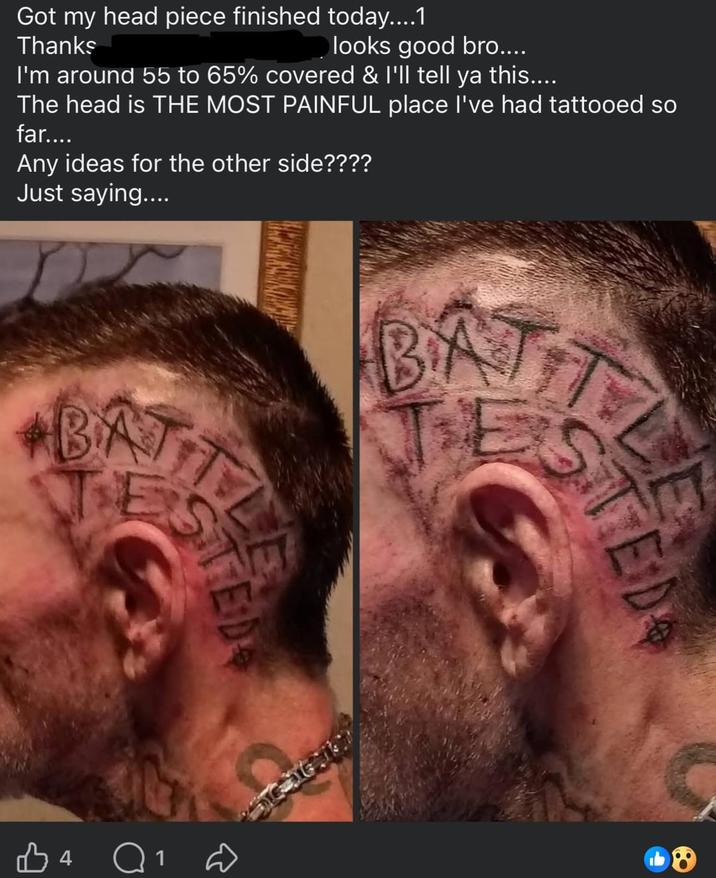 Got my head piece finished today....1 Thanks looks good bro.... I'm around 55 to 65% covered & I'll tell ya this.... The head is THE MOST PAINFUL place I've had tattooed so far.... Any ideas for the other side???? Just saying.... BAT TE BATT TE L STE E STED B4 Q1 D