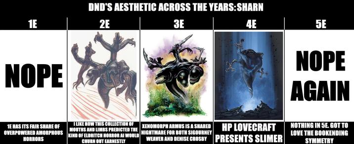 1E DND'S AESTHETIC ACROSS THE YEARS: SHARN 2E 3E NOPE 4E 5E NOPE AGAIN 1E HAS ITS FAIR SHARE OF OVERPOWERED AMORPHOUS HORRORS I LIKE HOW THIS COLLECTION OF MOUTHS AND LIMBS PREDICTED THE KIND OF ELDRITCH HORROR AI WOULD CHURN OUT EARNESTLY XENOMORPH ARMUS IS A SHARED HP LOVECRAFT NIGHTMARE FOR BOTH SIGOURNEY WEAVER AND DENISE CROSBY PRESENTS SLIMER NOTHING IN 5E. GOT TO LOVE THE BOOKENDING SYMMETRY