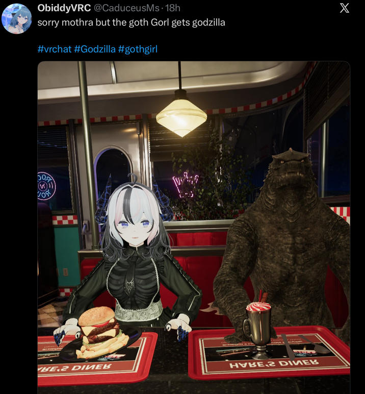 ObiddyVRC @CaduceusMs. 18h sorry mothra but the goth Gorl gets godzilla #vrchat #Godzilla #gothgirl BE 2 DIИEB HVBE 2 DIMEB X ་་་