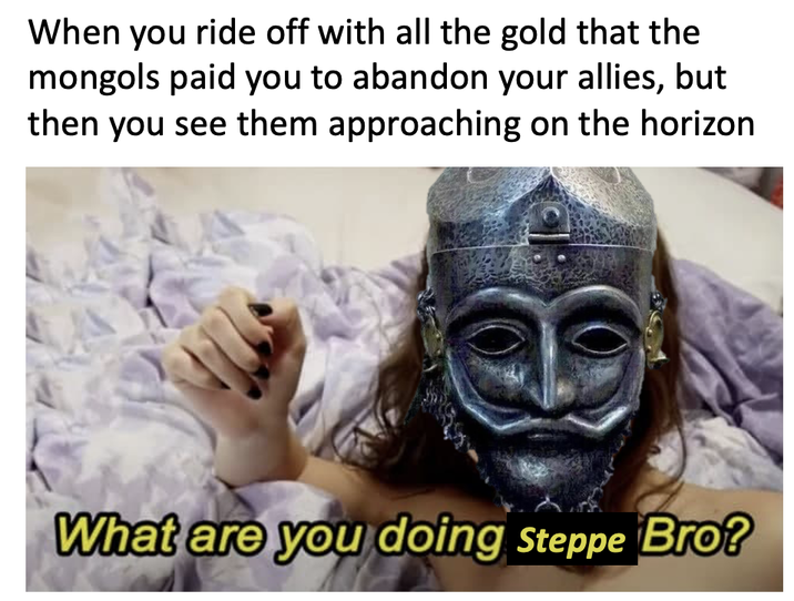 When you ride off with all the gold that the mongols paid you to abandon your allies, but then you see them approaching on the horizon What are you doing Steppe Bro?