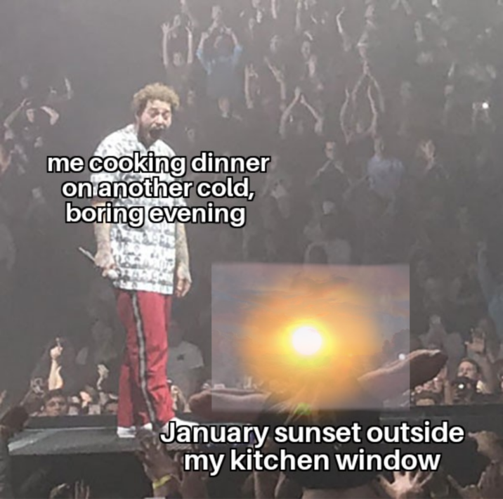 me cooking dinner on another cold, boring evening January sunset outside my kitchen window