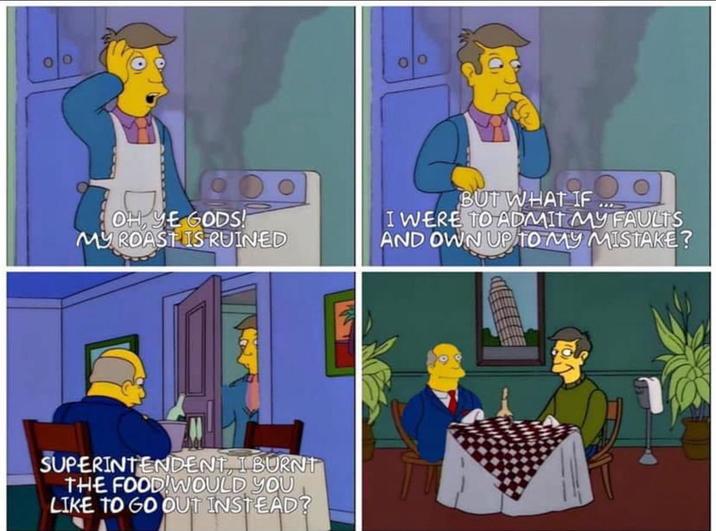 000 OH, YE GODS! MY ROAST IS RUINED BUT WHAT IF I WERE TO ADMIT MY FAULTS AND OWN UP TO MY MISTAKE? SUPERINTENDENT, IBURNT THE FOOD WOULD YOU LIKE TO GO OUT INSTEAD?
