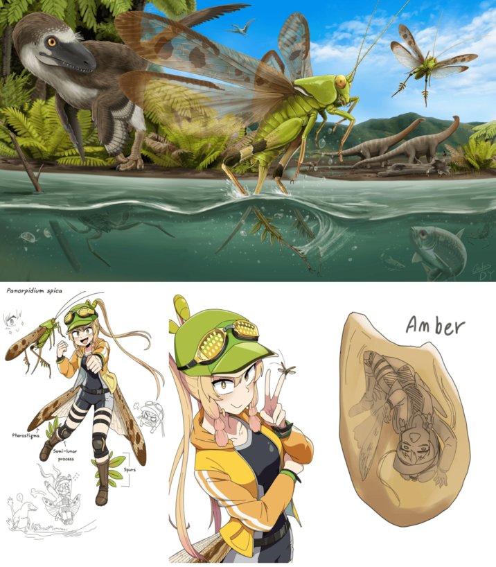 Yes, you read that correctly. The art here, representing a newly discovered Early Cretaceous-aged grasshopper called Panorpidium spica, was created by the paleontologist who described it. So this is basically the first ever official Gijinka for a prehistoric animal.
|
"Original paper here.":https://www.sciencedirect.com/science/article/abs/pii/S0195667121000902?via%3Dihub
|
More relevant Twitter posts "here":https://x.com/GaloisDY/status/2009998806591603067 and "here":https://x.com/GaloisDY/status/2009426241460576731.
