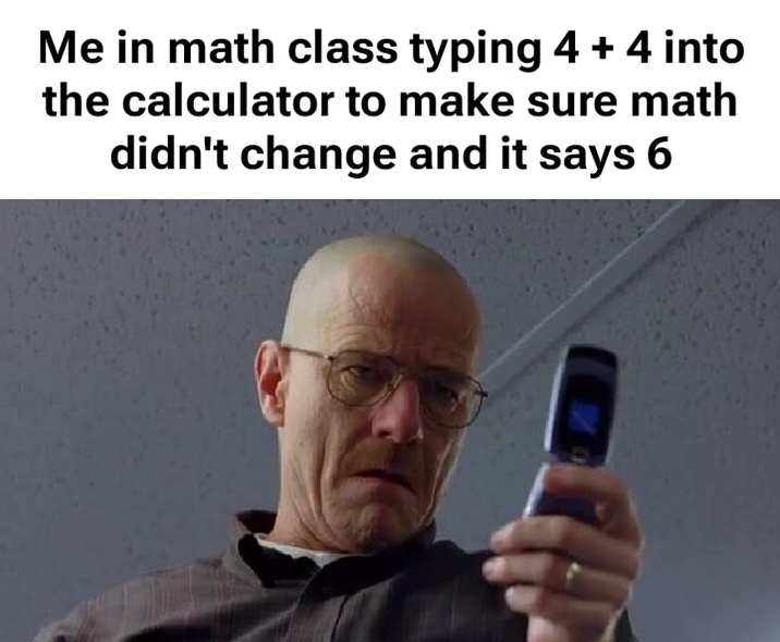 Me in math class typing 4 + 4 into the calculator to make sure math didn't change and it says 6