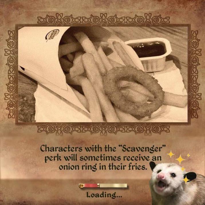 belgeselgenelde Characters with the "Scavenger" perk will sometimes receive an onion ring in their fries. Loading...