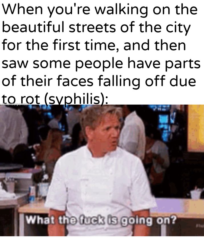 When you're walking on the beautiful streets of the city for the first time, and then saw some people have parts of their faces falling off due to rot (syphilis): What the f--- is going on?