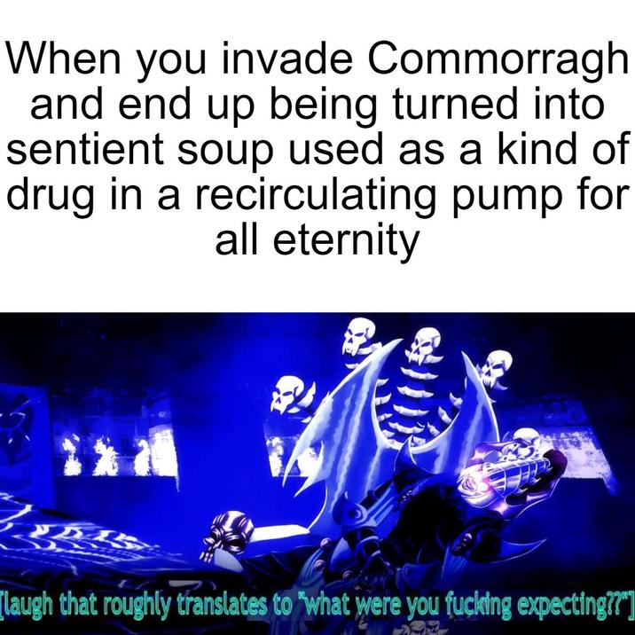 When you invade Commorragh and end up being turned into sentient soup used as a kind of drug in a recirculating pump for all eternity [laugh that roughly translates to "what were you f------ expecting??"]