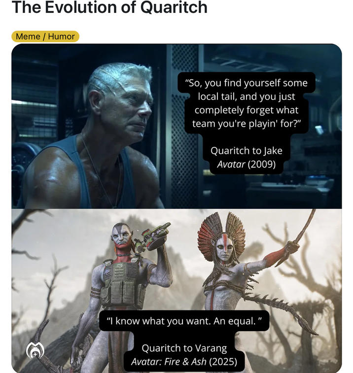 The Evolution of Quaritch Meme / Humor "So, you find yourself some local tail, and you just completely forget what team you're playin' for?" Quaritch to Jake Avatar (2009) "I know what you want. An equal.' Quaritch to Varang Avatar: Fire & Ash (2025) "1