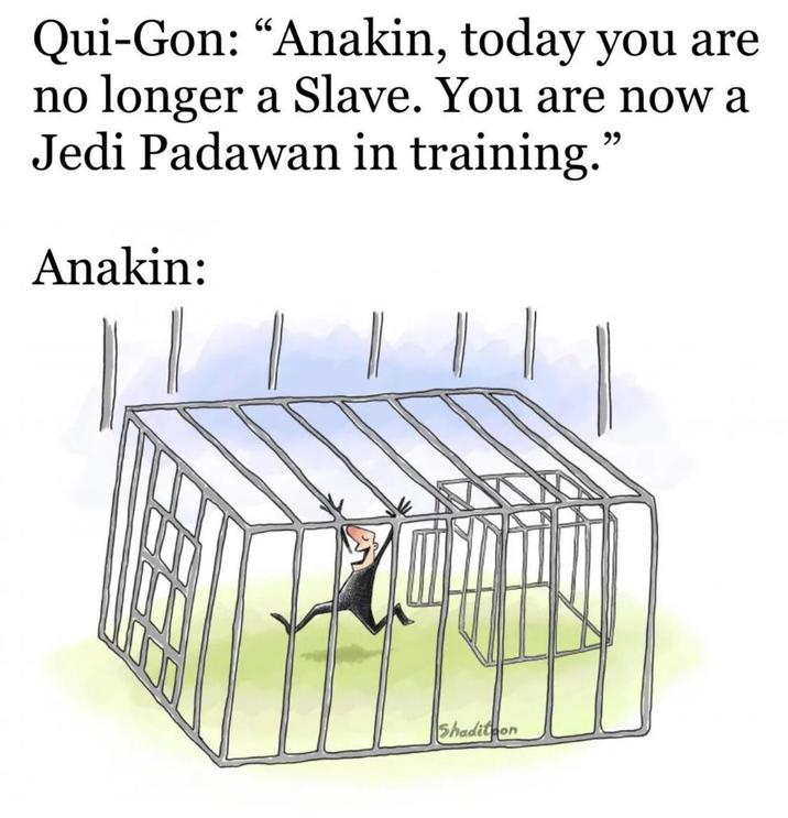 Qui-Gon: "Anakin, today you are no longer a Slave. You are now a Jedi Padawan in training." Anakin: Shadition