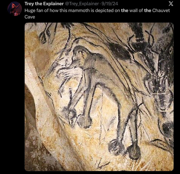 Trey the Explainer @Trey_Explainer · 9/19/24 Huge fan of how this mammoth is depicted on the wall of the Chauvet Cave X