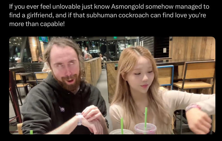 If you ever feel unlovable just know Asmongold somehow managed to find a girlfriend, and if that subhuman cockroach can find love you're more than capable!