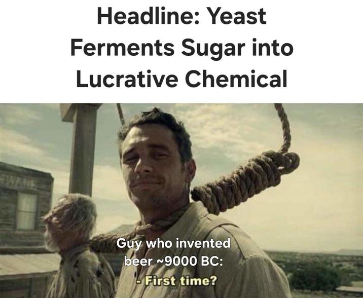Headline: Yeast Ferments Sugar into Lucrative Chemical Guy who invented beer ~9000 BC: -First time?