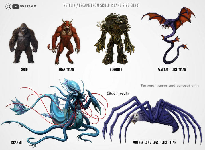 GOJI REALM NETFLIX/ESCAPE FROM SKULL ISLAND SIZE CHART KONG BOAR TITAN YUGGOTH WARBAT LIKE TITAN Personal names and concept art : @goji_realm KRAKEN MOTHER LONG LEGS - LIKE TITAN