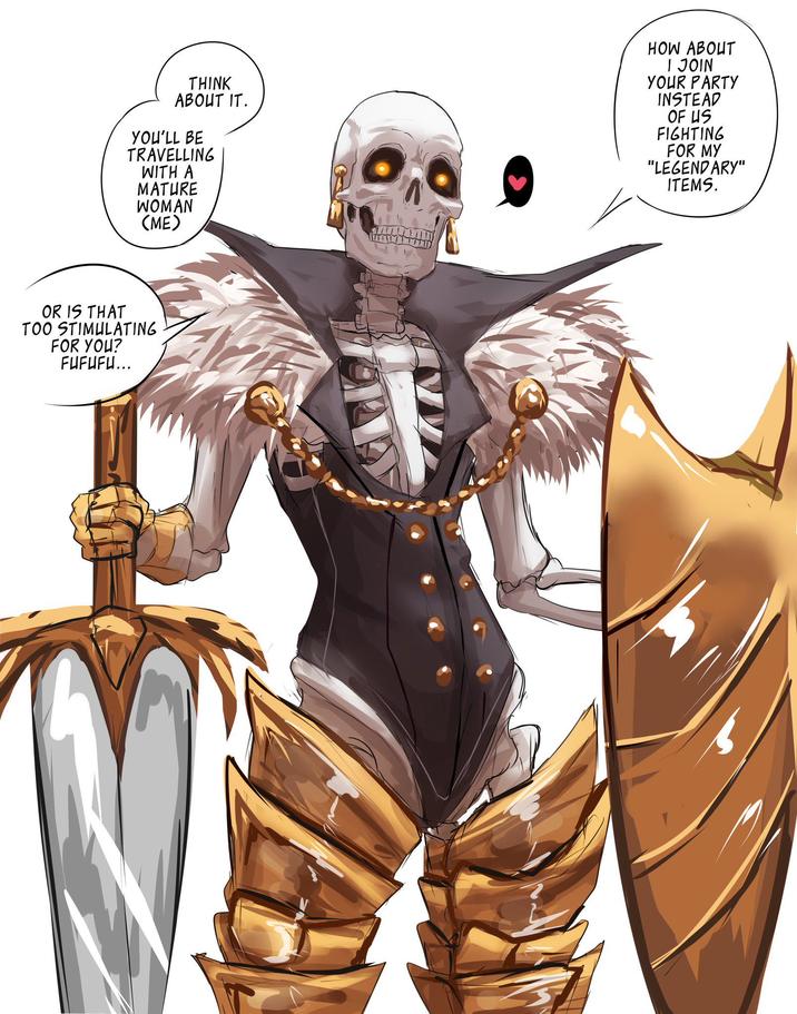 THINK ABOUT IT. YOU'LL BE TRAVELLING WITH A MATURE WOMAN (ME) HOW ABOUT I JOIN YOUR PARTY INSTEAD OF US FIGHTING FOR MY "LEGENDARY" ITEMS. OR IS THAT TOO STIMULATING FOR YOU? FUFUFU...