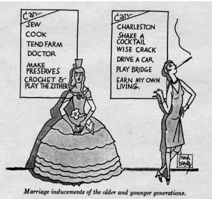 Can SEW COOK TEND FARM DOCTOR MAKE PRESERVES CROCHET & PLAY THE ZITHER Can CHARLESTON SHAKE A COCKTAIL WISE CRACK DRIVE A CAR PLAY BRIDGE EARN MY OWN LIVING Учен banla Marriage inducements of the older and younger generations.