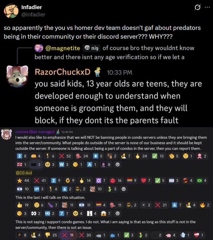 Screenshots of DMs in the You vs. Homer Discord, allegedly. In these screens, mods downplay grooming.