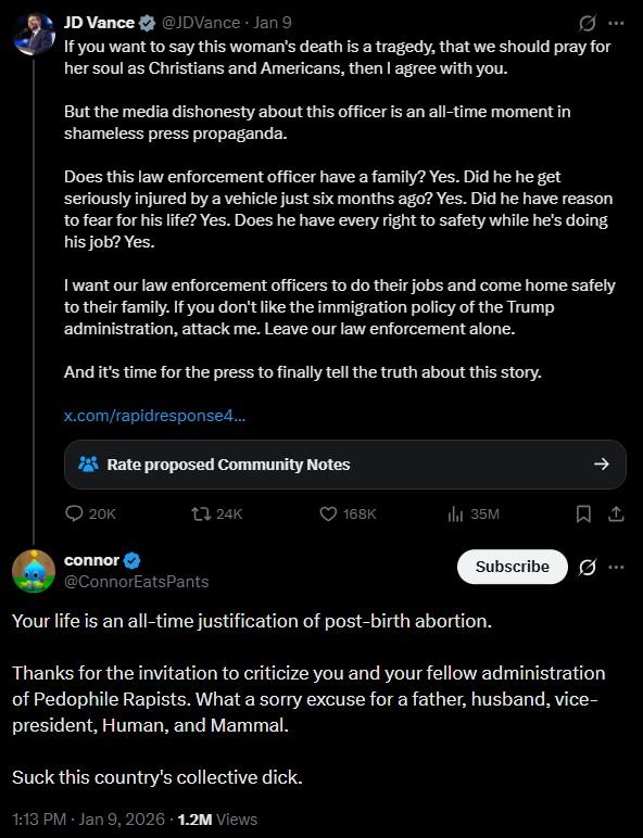 A tweet by ConnorEatsPants to J.D. Vance. The tweet reads, "Your life is an all-time justification of post-birth abortion. Thanks for the invitation to criticize you and your fellow administration of p---phile r---sts. What a sorry excuse for a father, husband, vice-president, Human, and Mammal. Suck this country's collective d---."