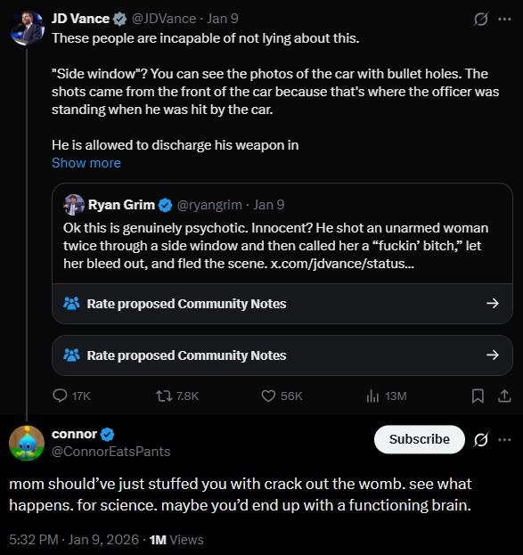 A tweet by ConnorEatsPants to J.D. Vance. The tweet reads, "mom should’ve just stuffed you with crack out the womb. see what happens. for science. maybe you’d end up with a functioning brain."
