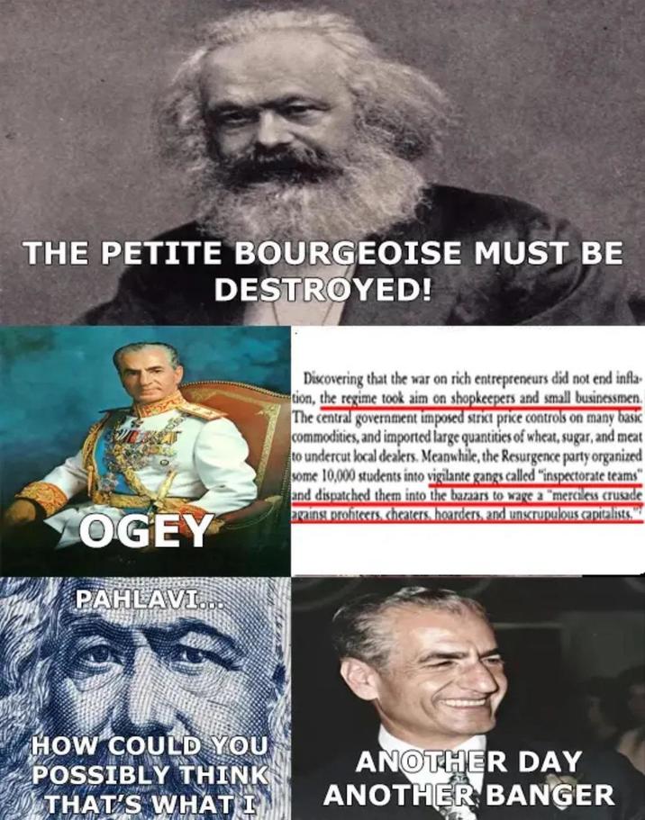 THE PETITE BOURGEOISE MUST BE DESTROYED! OGEY PAHLAVI... Discovering that the war on rich entrepreneurs did not end infla tion, the regime took aim on shopkeepers and small businessmen. The central government imposed strict price controls on many basic commodities, and imported large quantities of wheat, sugar, and meat to undercut local dealers. Meanwhile, the Resurgence party organized some 10,000 students into vigilante gangs called "inspectorate teams" and dispatched them into the bazaars to wage a "merciless crusade against profiteers, cheaters, hoarders, and unscrupulous capitalists," HOW COULD YOU POSSIBLY THINK THAT'S WHAT I ANOTHER DAY ANOTHER BANGER