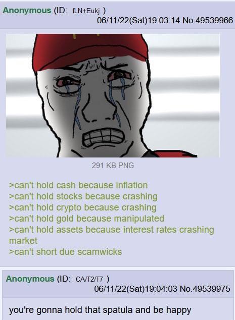 Anonymous (ID: fLN+Eukj) 06/11/22(Sat)19:03:14 No.49539966 291 KB PNG >can't hold cash because inflation >can't hold stocks because crashing >can't hold crypto because crashing >can't hold gold because manipulated >can't hold assets because interest rates crashing market >can't short due scamwicks Anonymous (ID: CA/T2/T7) 06/11/22(Sat)19:04:03 No.49539975 you're gonna hold that spatula and be happy
