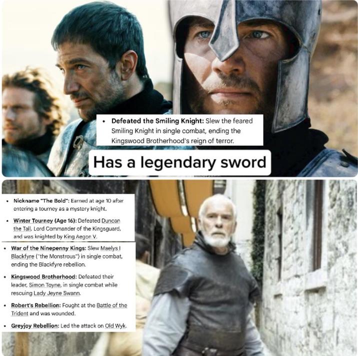 ⚫ Defeated the Smiling Knight: Slew the feared Smiling Knight in single combat, ending the Kingswood Brotherhood's reign of terror. Has a legendary sword . Nickname "The Bold": Earned at age 10 after entering a tourney as a mystery knight. • Winter Tourney (Age 16): Defeated Duncan the Tall, Lord Commander of the Kingsguard, and was knighted by King Aegon V. War of the Ninepenny Kings: Slew Maelys I Blackfyre ("the Monstrous") in single combat, ending the Blackfyre rebellion. Kingswood Brotherhood: Defeated their leader, Simon Toyne, in single combat while rescuing Lady Jeyne Swann. Robert's Rebellion: Fought at the Battle of the Trident and was wounded. • Greyjoy Rebellion: Led the attack on Old Wyk.