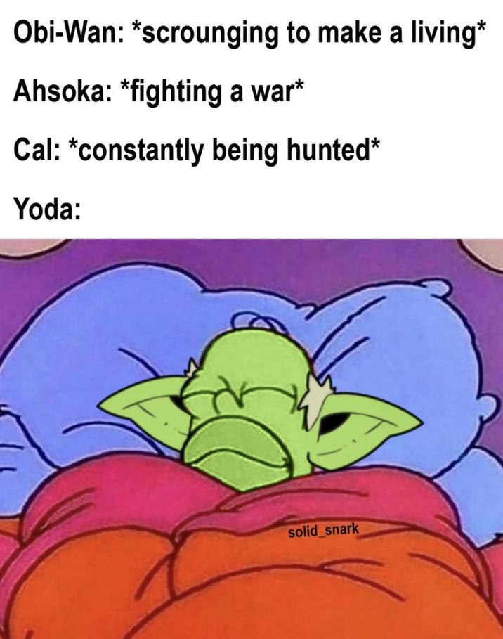 Obi-Wan: *scrounging to make a living* Ahsoka: *fighting a war* Cal: *constantly being hunted* Yoda: solid_snark