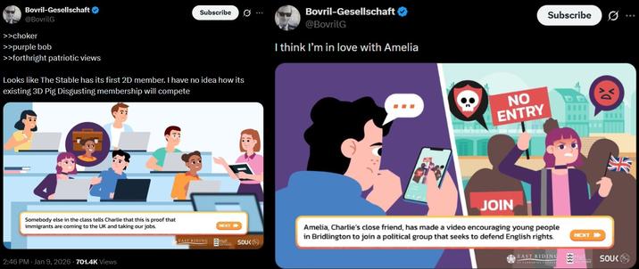 Bovril-Gesellschaft @BovrilG >>choker >>purple bob >>forthright patriotic views Subscribe 0 Looks like The Stable has its first 2D member. I have no idea how its existing 3D Pig Disgusting membership will compete Somebody else in the class tells Charlie that this is proof that immigrants are coming to the UK and taking our jobs. 2:46 PM - Jan 9, 2026 -701.4K Views NEXT EAST RIDING Hull Cry Counci SOUK Bovril-Gesellschaft @BovrilG I think I'm in love with Amelia NO ENTRY JOIN Amelia, Charlie's close friend, has made a video encouraging young people in Bridlington to join a political group that seeks to defend English rights. Subscribe NEXT * DX EAST RIDING Hull City Council SOUK