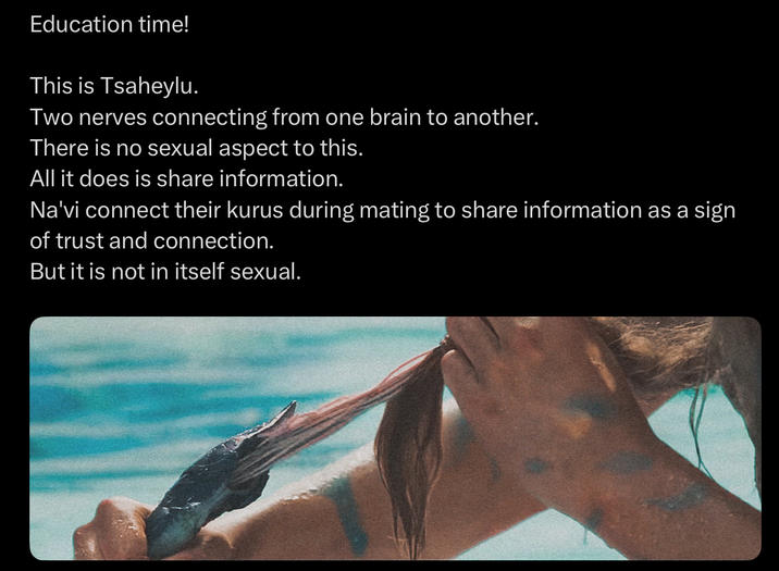 Education time! This is Tsaheylu. Two nerves connecting from one brain to another. There is no sexual aspect to this. All it does is share information. Na'vi connect their kurus during mating to share information as a sign of trust and connection. But it is not in itself sexual.
