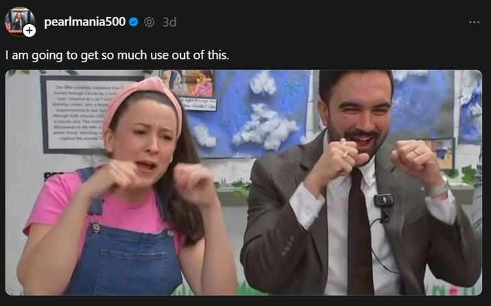 A Threads post. It reads, "I am going to get so much use out of this," and shares an image of Ms. Rachel and Zohran Mamdani fake crying.