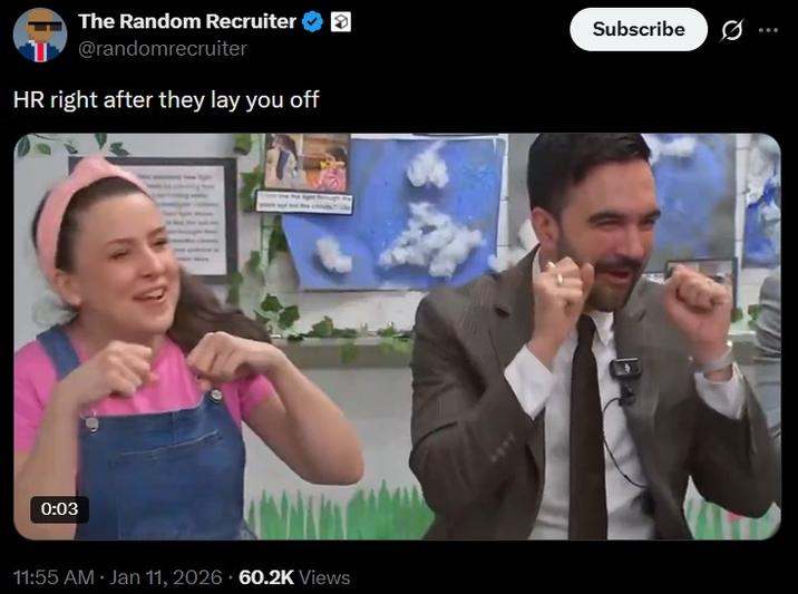 A tweet reading, "HR right after they lay you off." The video used shows Zohran Mamdani and Ms. Rachel pretending to cry while singing "Wheels on the Bus."