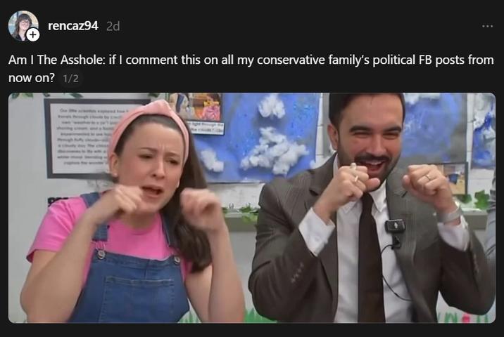 A post on Threads. It reads, "AITA if I comment this on all my conservative family’s political FB posts from now on?"