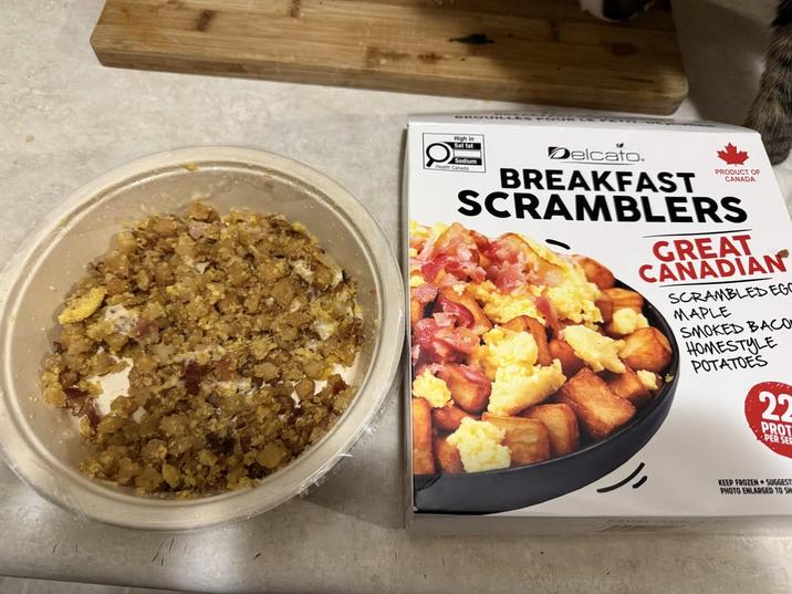 High in Sat fat Sodium Health Canada Delcato. PRODUCT OF CANADA BREAKFAST SCRAMBLERS GREAT CANADIAN SCRAMBLED EGO MAPLE SMOKED BACO HOMESTYLE POTATOES 22 PROT PER SE KEEP FROZEN SUGGEST PHOTO ENLARGED TO SH