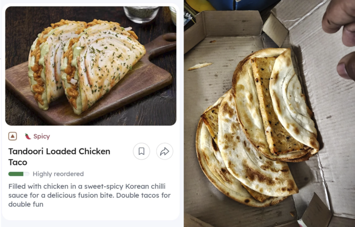 Spicy Tandoori Loaded Chicken Taco Highly reordered ☐ D Filled with chicken in a sweet-spicy Korean chilli sauce for a delicious fusion bite. Double tacos for double fun
