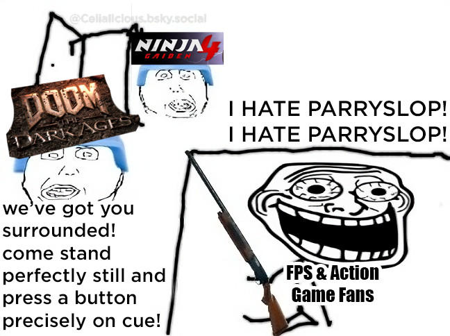 A version of the "i hate the antichrist":https://knowyourmeme.com/memes/i-hate-the-antichrist meme. The meme is about hating parrying in video games.