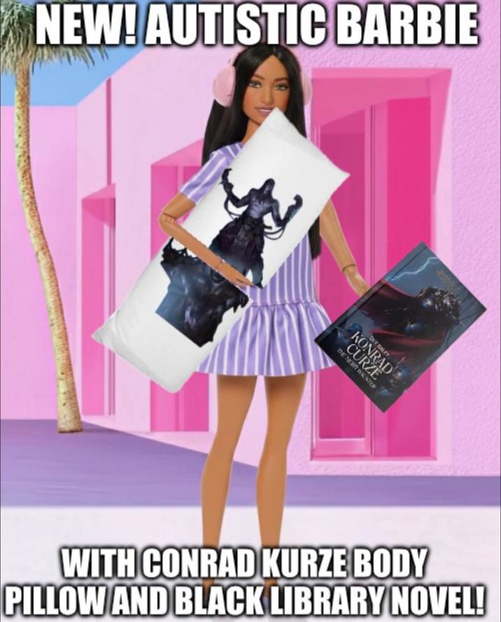 NEW! AUTISTIC BARBIE THE NERIT HAUNTER GUY HALFY CURZE KONRAD WITH CONRAD KURZE BODY PILLOW AND BLACK LIBRARY NOVEL!