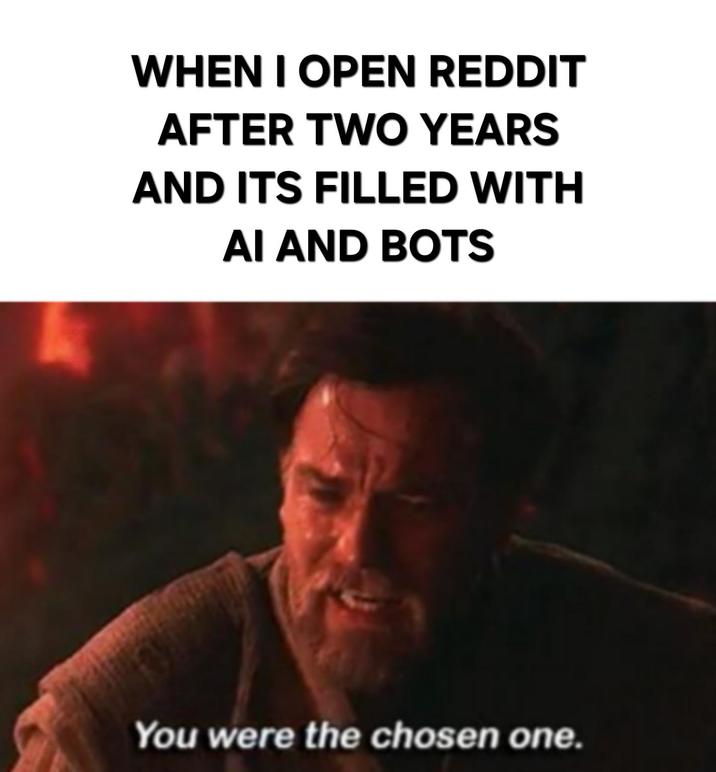 WHEN I OPEN REDDIT AFTER TWO YEARS AND ITS FILLED WITH AI AND BOTS You were the chosen one.
