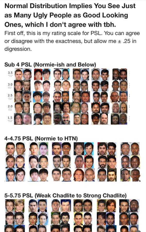 An example of the PSL Scale from the looksmaxxing community, which was shared by Twitter / X user deedydas in January 2024 in a thread discussing the forum.