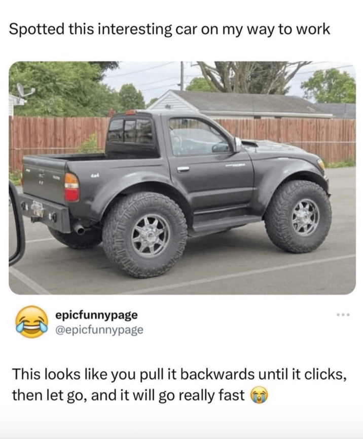 Spotted this interesting car on my way to work epicfunnypage @epicfunnypage This looks like you pull it backwards until it clicks, then let go, and it will go really fast