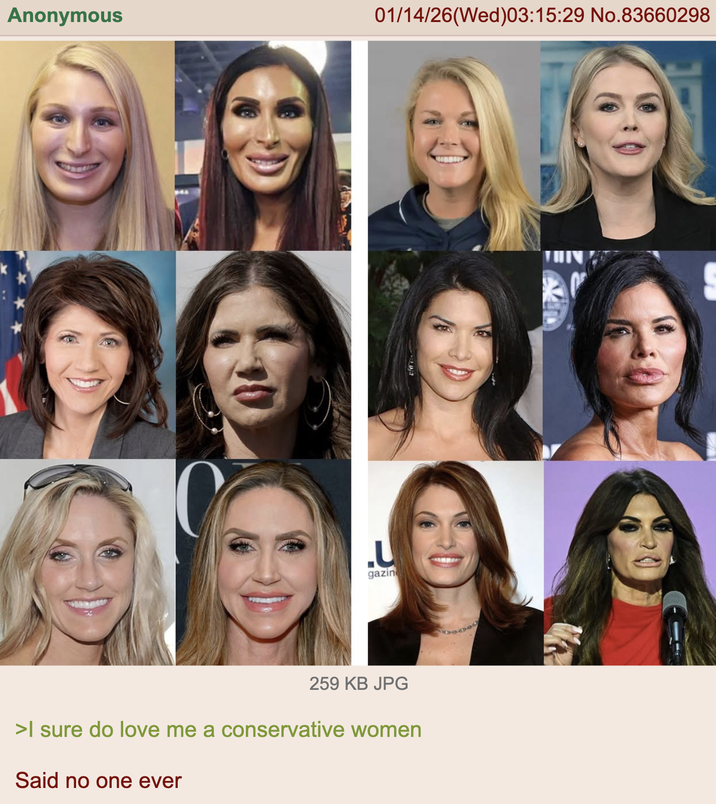 Anonymous *** 01/14/26 (Wed)03:15:29 No.83660298 .U gazin 259 KB JPG >I sure do love me a conservative women Said no one ever