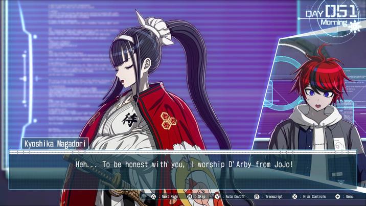 Kyoshika Magadori Heh.. To be honest with you, I worship D'Arby from JoJo! DAY 051 Morning : Next Page B Skip YAuto On/Off R: Transcript Hide Controls + Menu