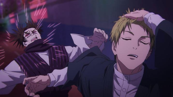 The original frame from the _Jujutsu Kaisen_ anime depicting the fight between Naoya Zenin and Choso in which the former dramatically flips his hair back during the fight.