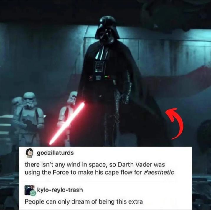 godzillaturds there isn't any wind in space, so Darth Vader was using the Force to make his cape flow for #aesthetic kylo-reylo-trash People can only dream of being this extra