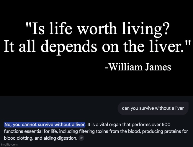 "Is life worth living? It all depends on the liver." -William James can you survive without a liver No, you cannot survive without a liver. It is a vital organ that performs over 500 functions essential for life, including filtering toxins from the blood, producing proteins for blood clotting, and aiding digestion. imgflip.com